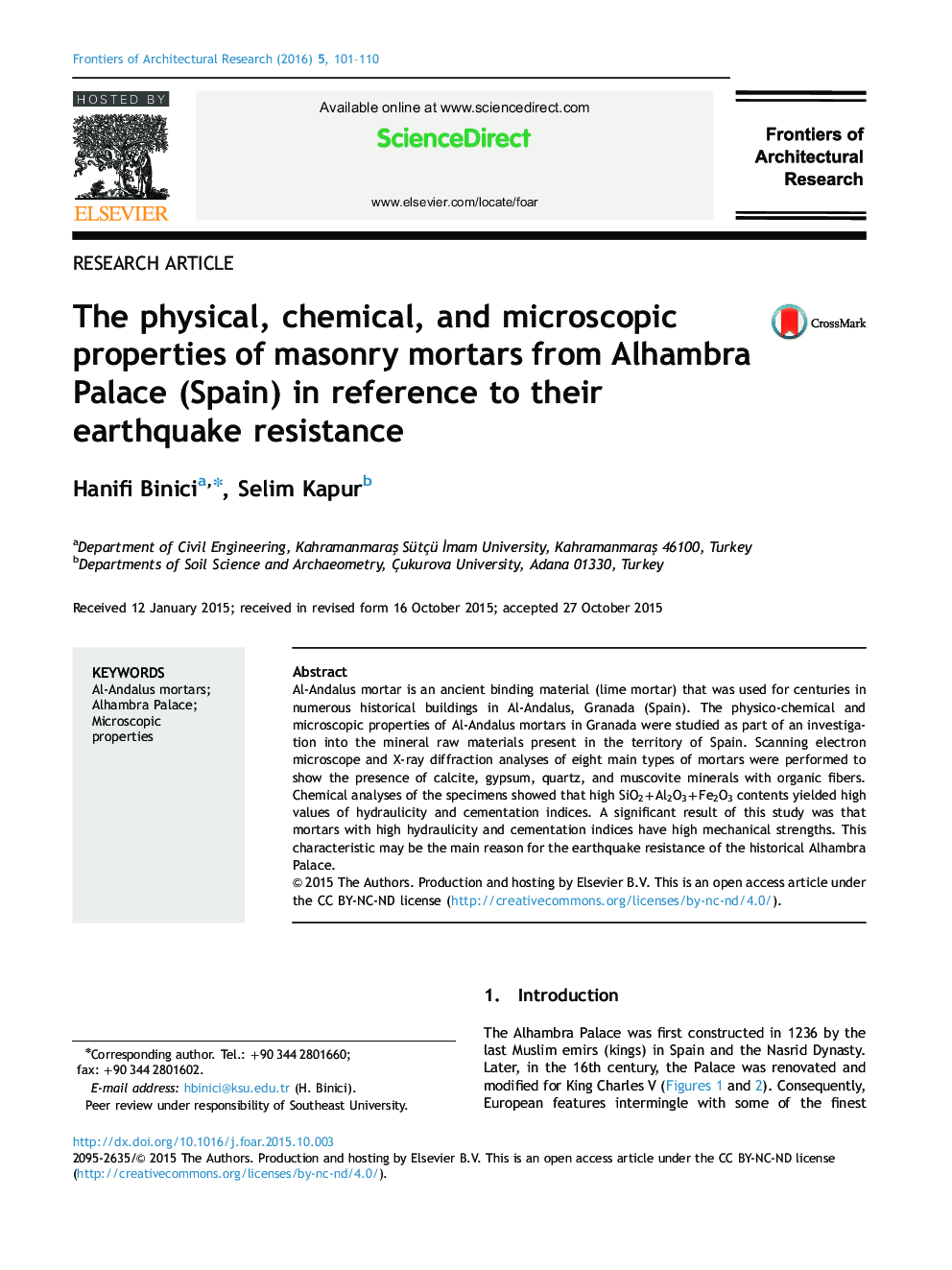 The physical, chemical, and microscopic properties of masonry mortars from Alhambra Palace (Spain) in reference to their earthquake resistance 