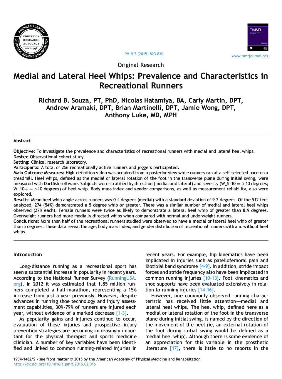 Medial and Lateral Heel Whips: Prevalence and Characteristics in Recreational Runners