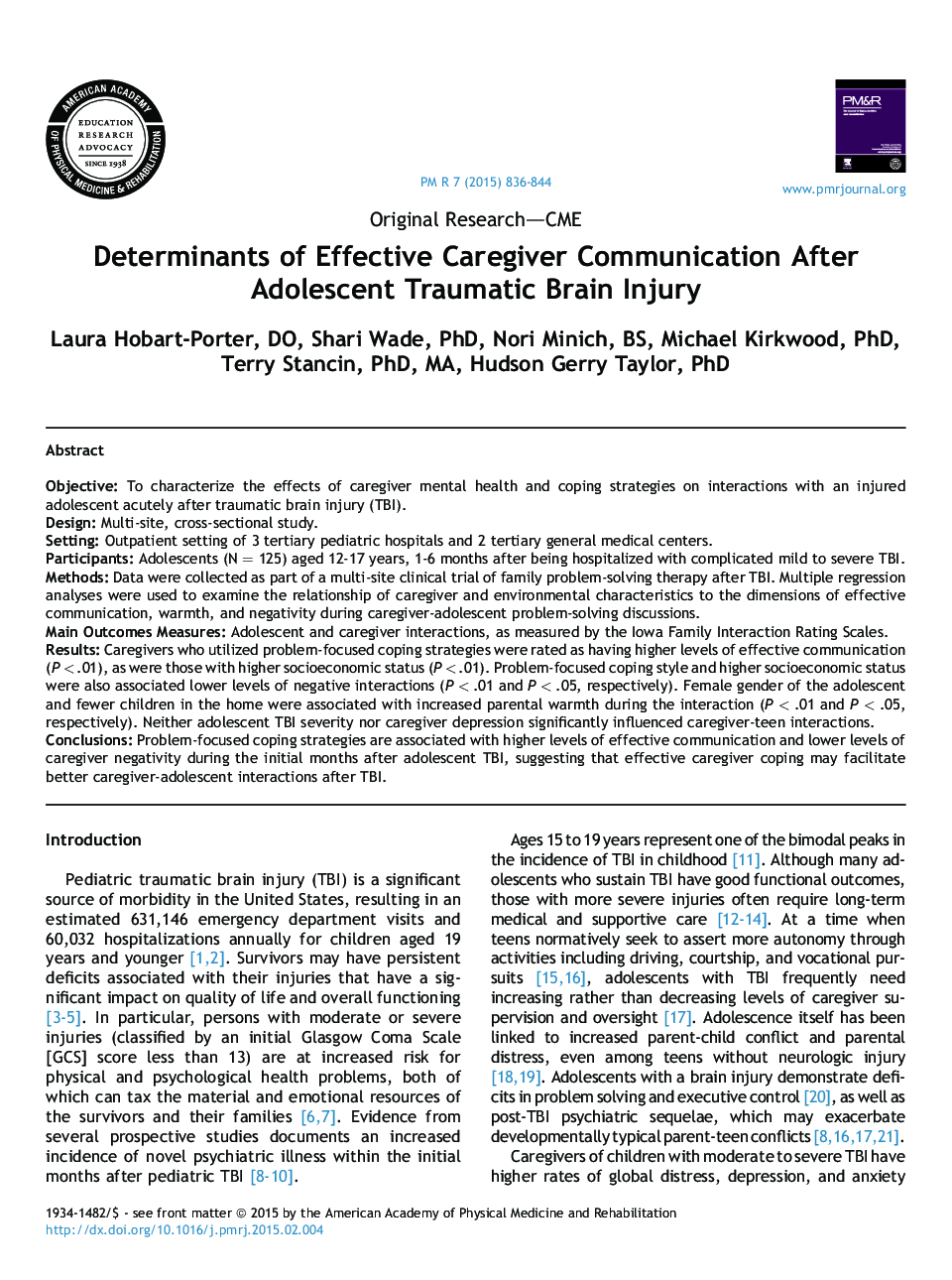 Determinants of Effective Caregiver Communication After Adolescent Traumatic Brain Injury 