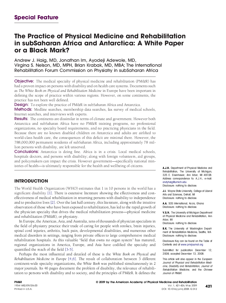 The Practice of Physical Medicine and Rehabilitation in subSaharan Africa and Antarctica: A White Paper or a Black Mark? 