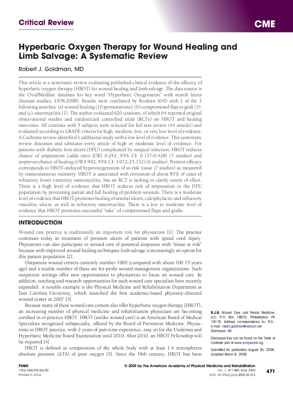 Hyperbaric Oxygen Therapy for Wound Healing and Limb Salvage: A Systematic Review 