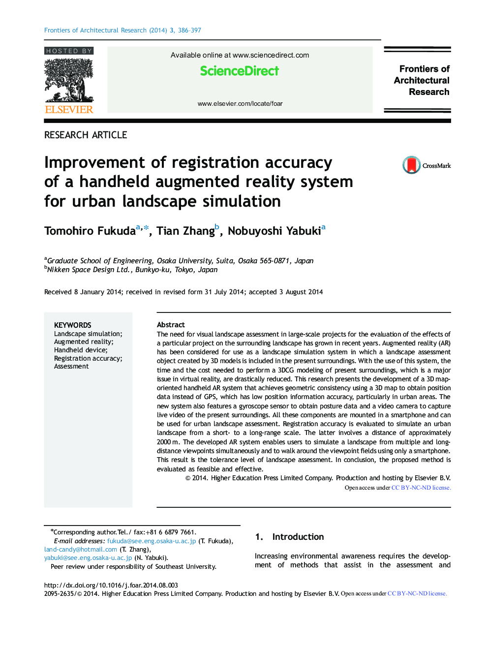 Improvement of registration accuracy of a handheld augmented reality system for urban landscape simulation 