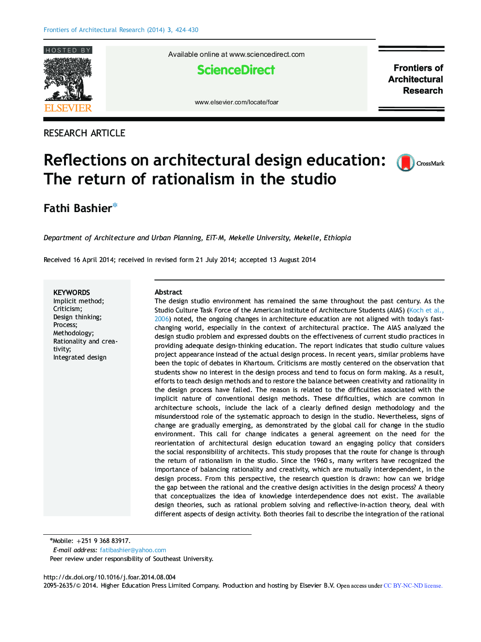 Reflections on architectural design education: The return of rationalism in the studio 