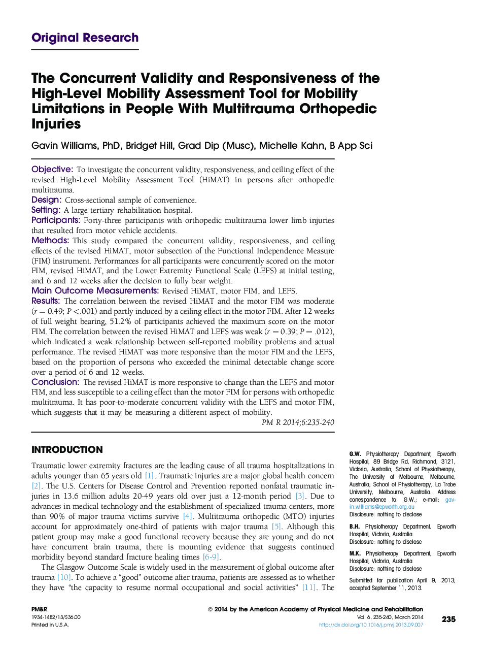 The Concurrent Validity and Responsiveness of the High-Level Mobility Assessment Tool for Mobility Limitations in People With Multitrauma Orthopedic Injuries