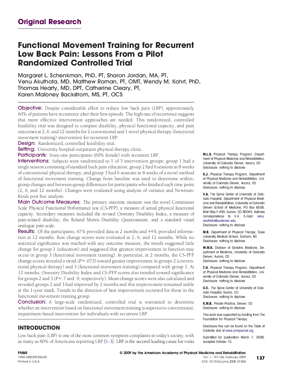 Functional Movement Training for Recurrent Low Back Pain: Lessons From a Pilot Randomized Controlled Trial 