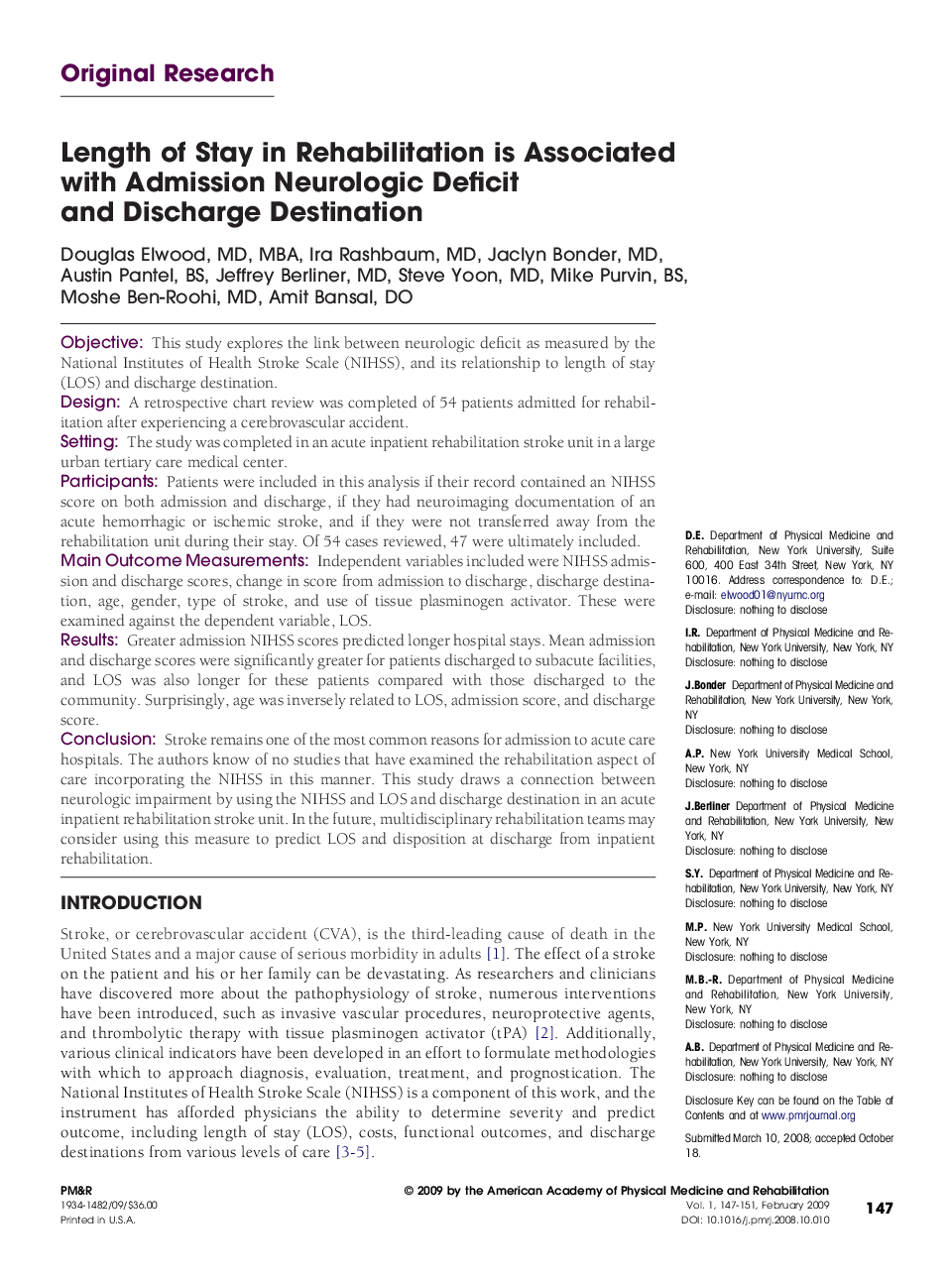 Length of Stay in Rehabilitation is Associated with Admission Neurologic Deficit and Discharge Destination 