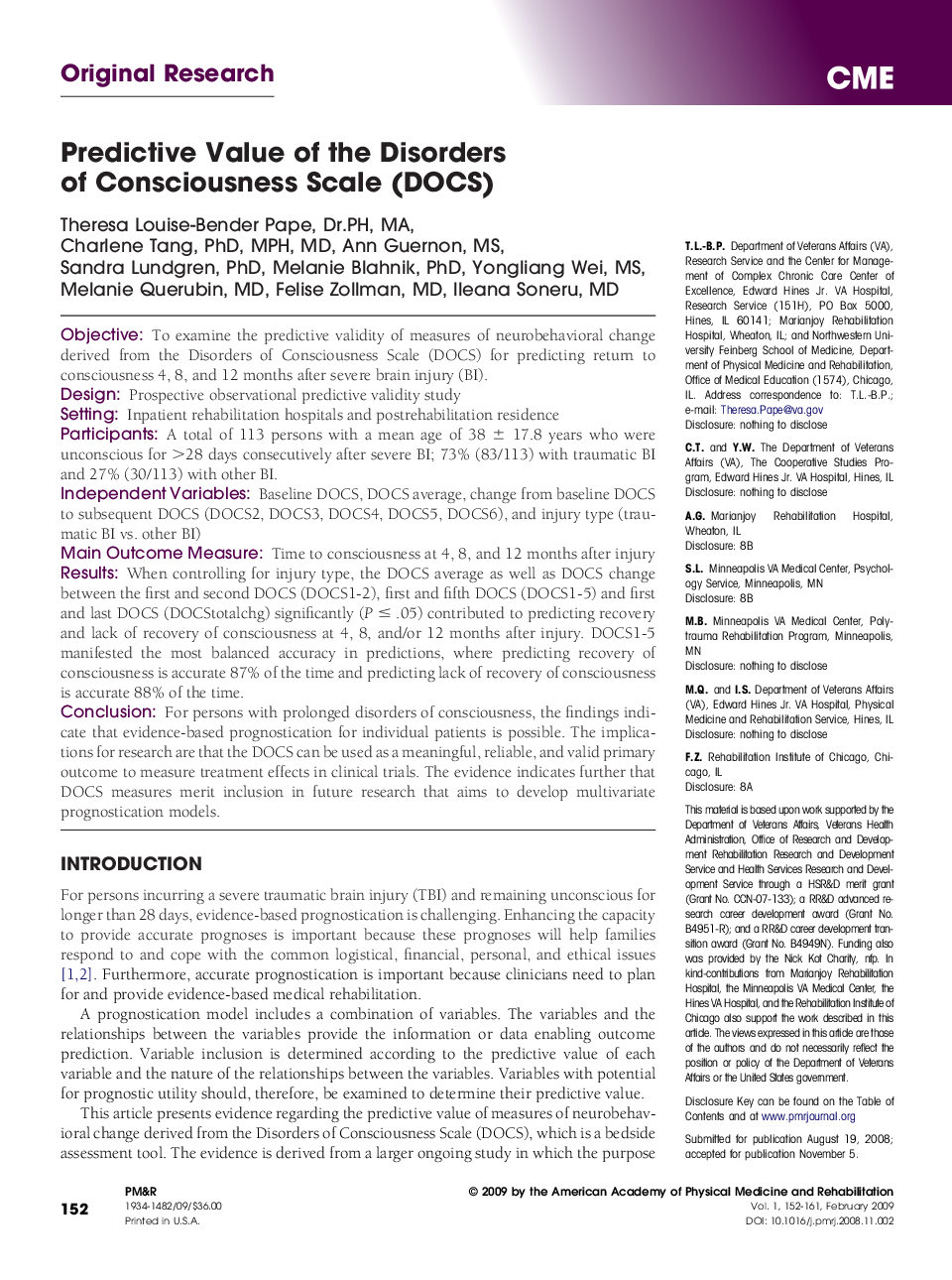 Predictive Value of the Disorders of Consciousness Scale (DOCS) 