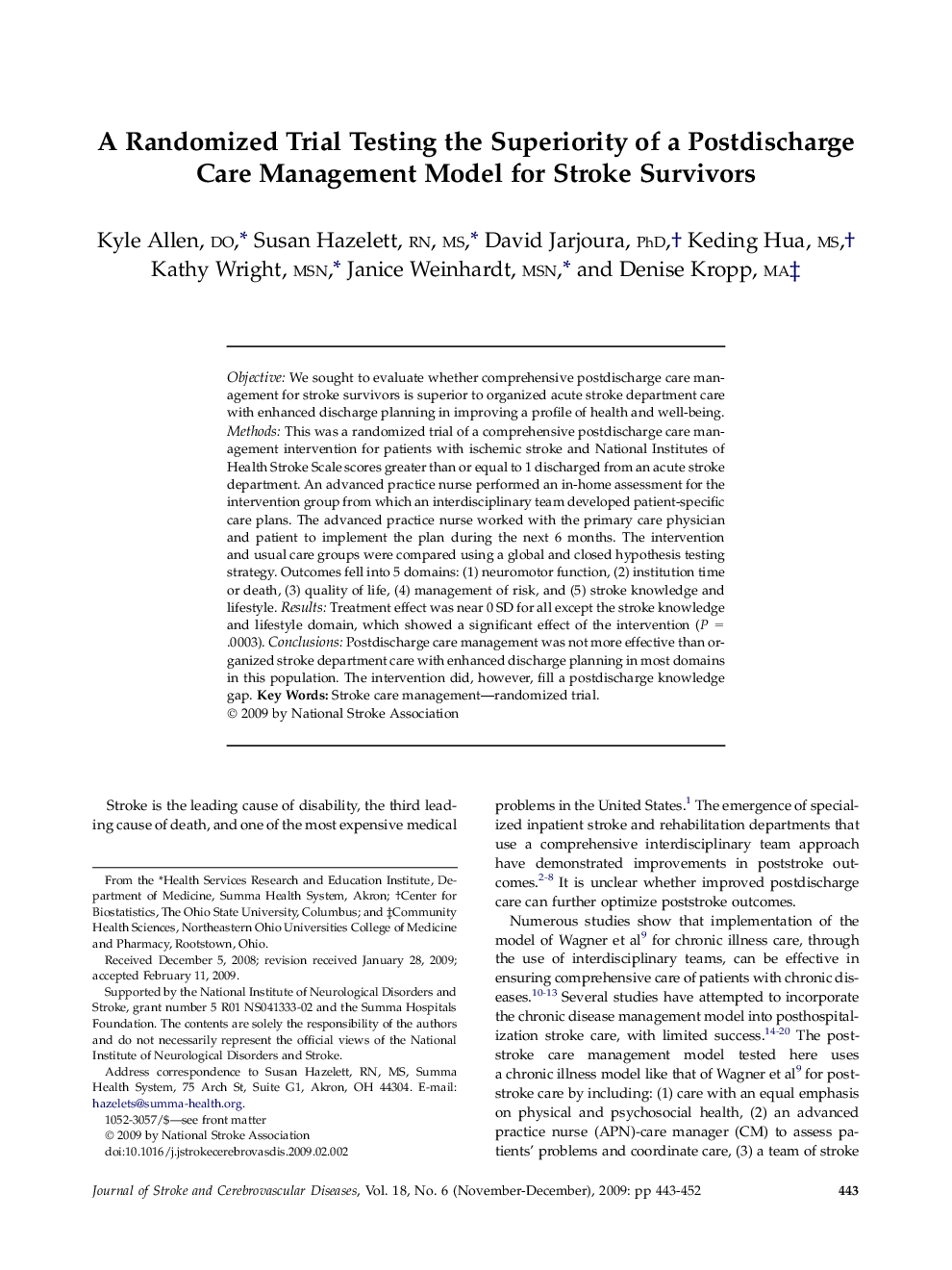 A Randomized Trial Testing the Superiority of a Postdischarge Care Management Model for Stroke Survivors 