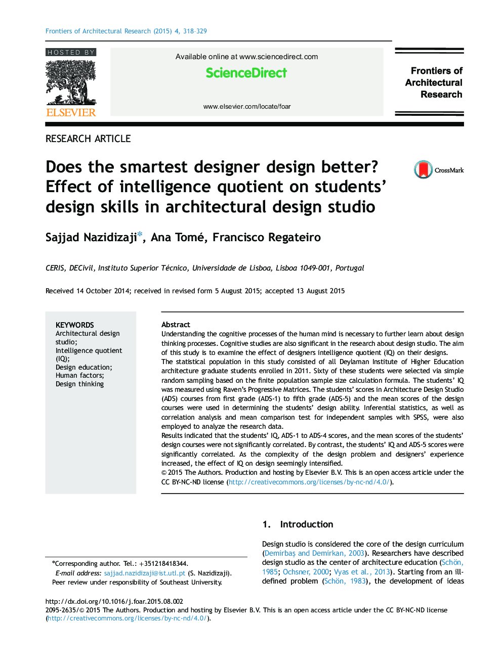 Does the smartest designer design better? Effect of intelligence quotient on students’ design skills in architectural design studio 