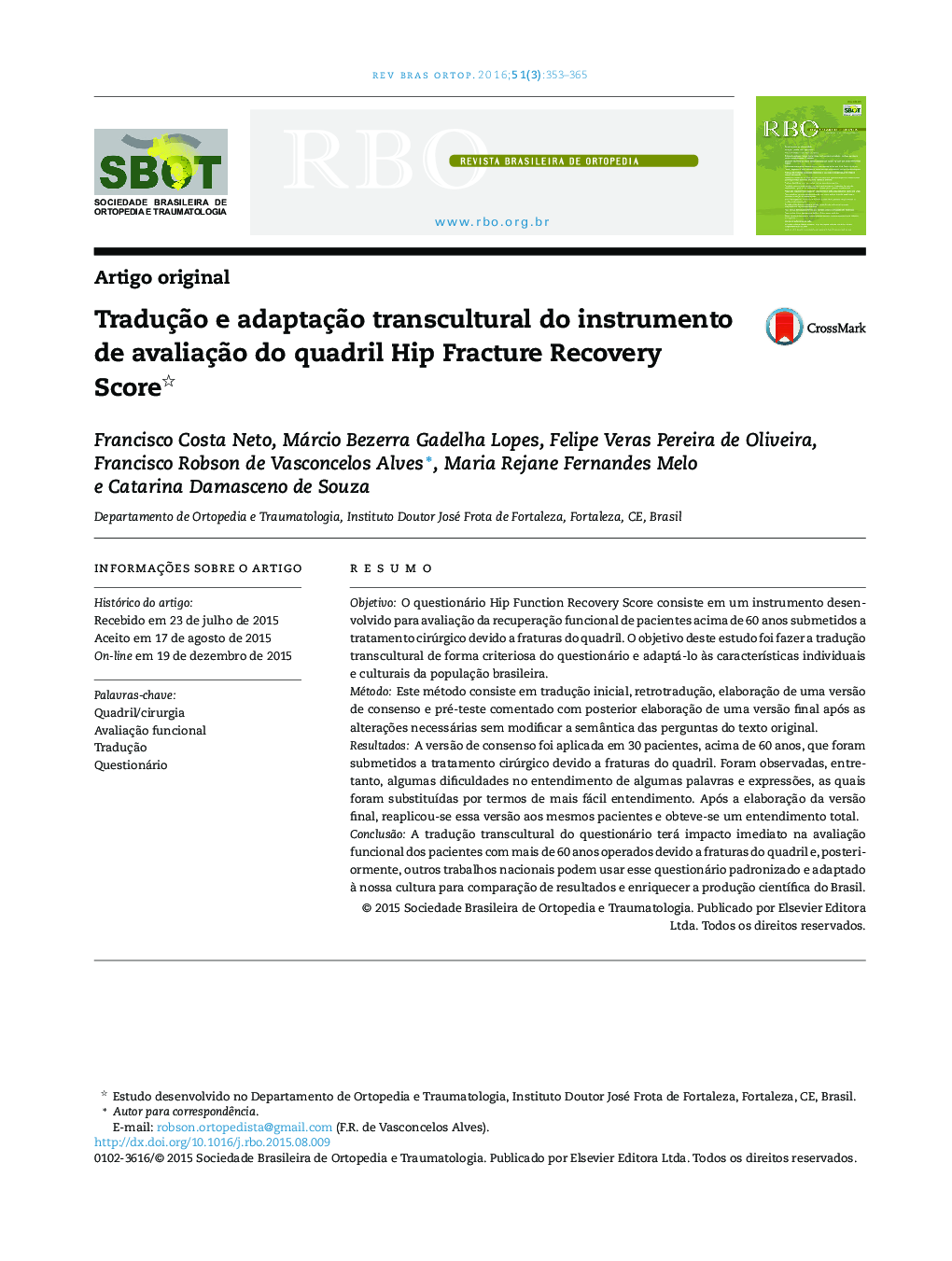 Tradução e adaptação transcultural do instrumento de avaliação do quadril Hip Fracture Recovery Score 