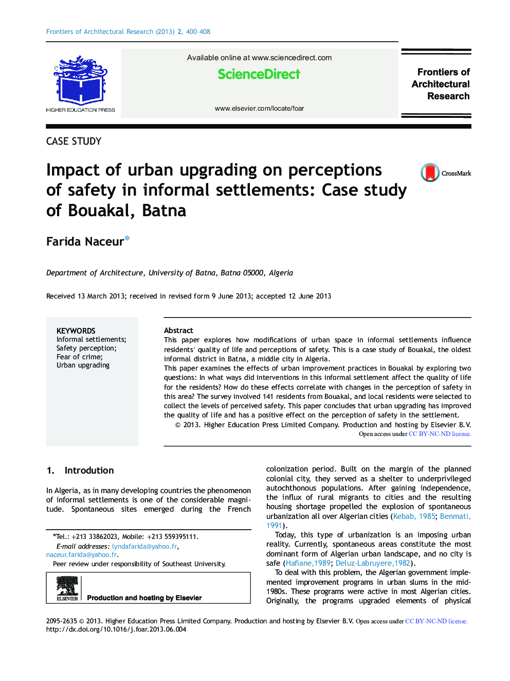 Impact of urban upgrading on perceptions of safety in informal settlements: Case study of Bouakal, Batna 