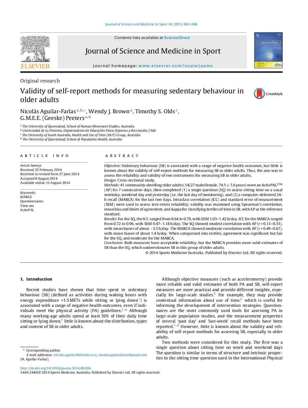 Validity of self-report methods for measuring sedentary behaviour in older adults