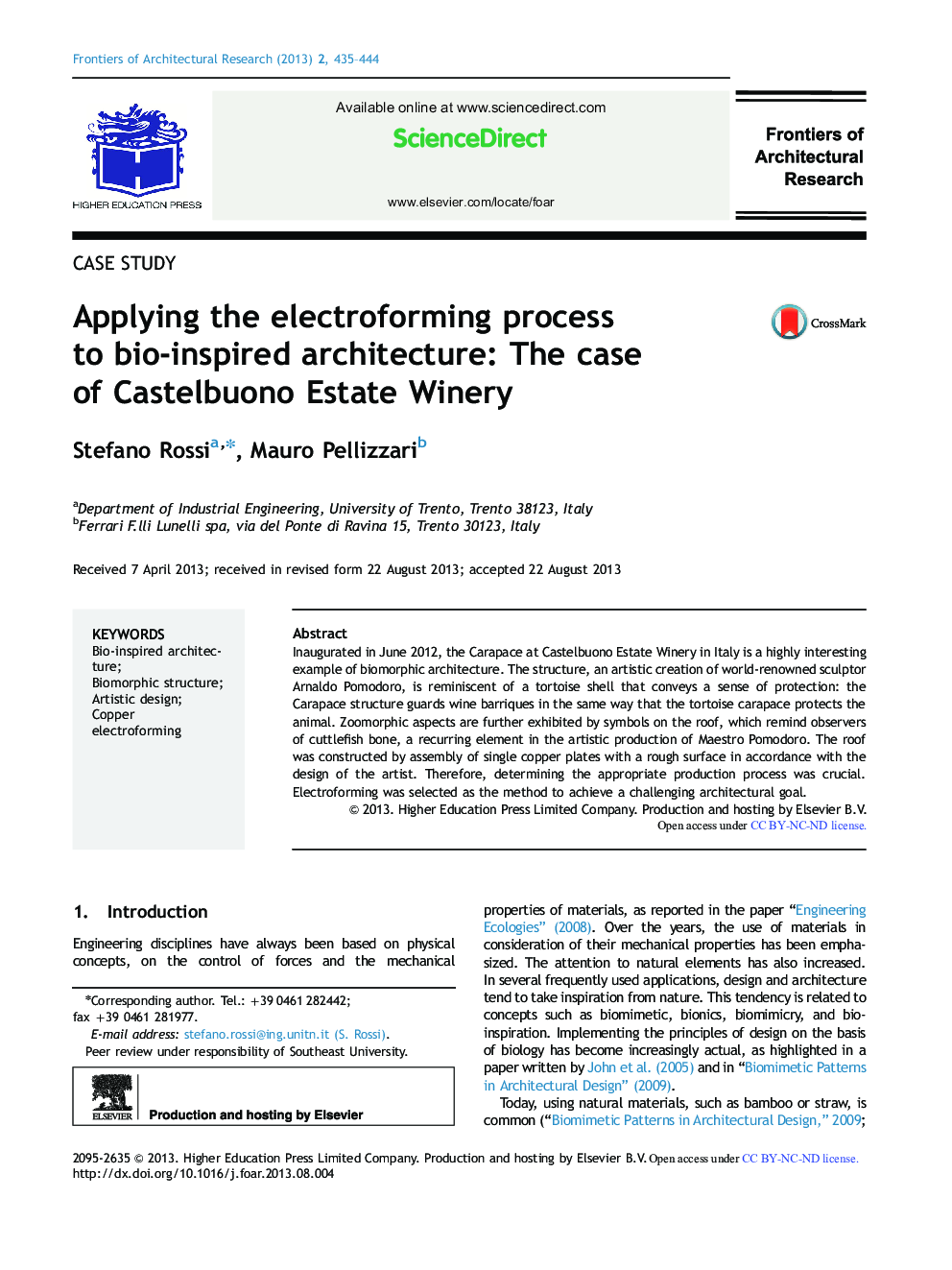 Applying the electroforming process to bio-inspired architecture: The case of Castelbuono Estate Winery 