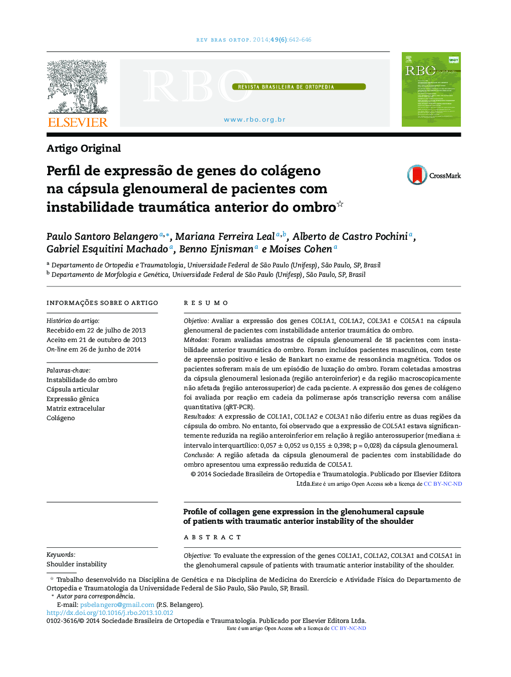 Perfil de expressão de genes do colágeno na cápsula glenoumeral de pacientes com instabilidade traumática anterior do ombro 