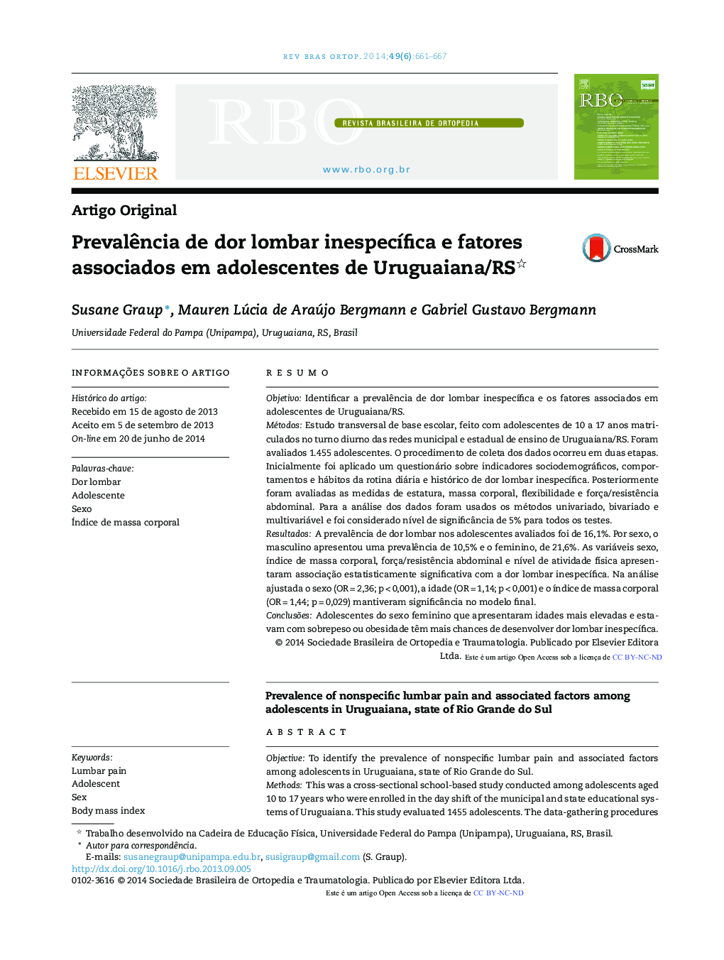 Prevalência de dor lombar inespecífica e fatores associados em adolescentes de Uruguaiana/RS 