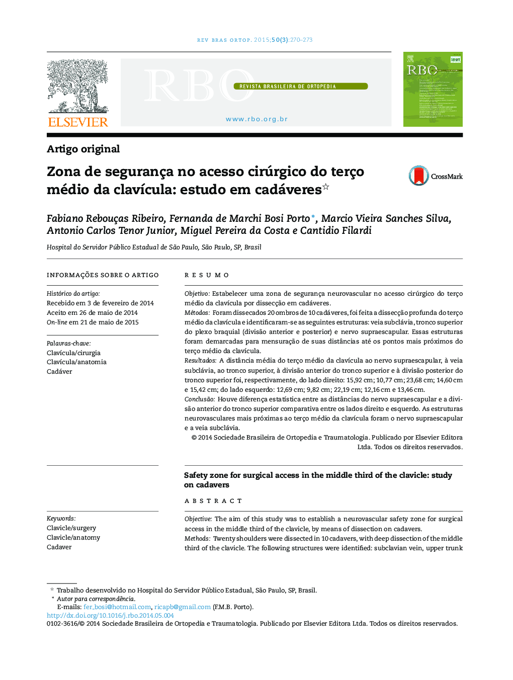 Zona de segurança no acesso cirúrgico do terço médio da clavícula: estudo em cadáveres 