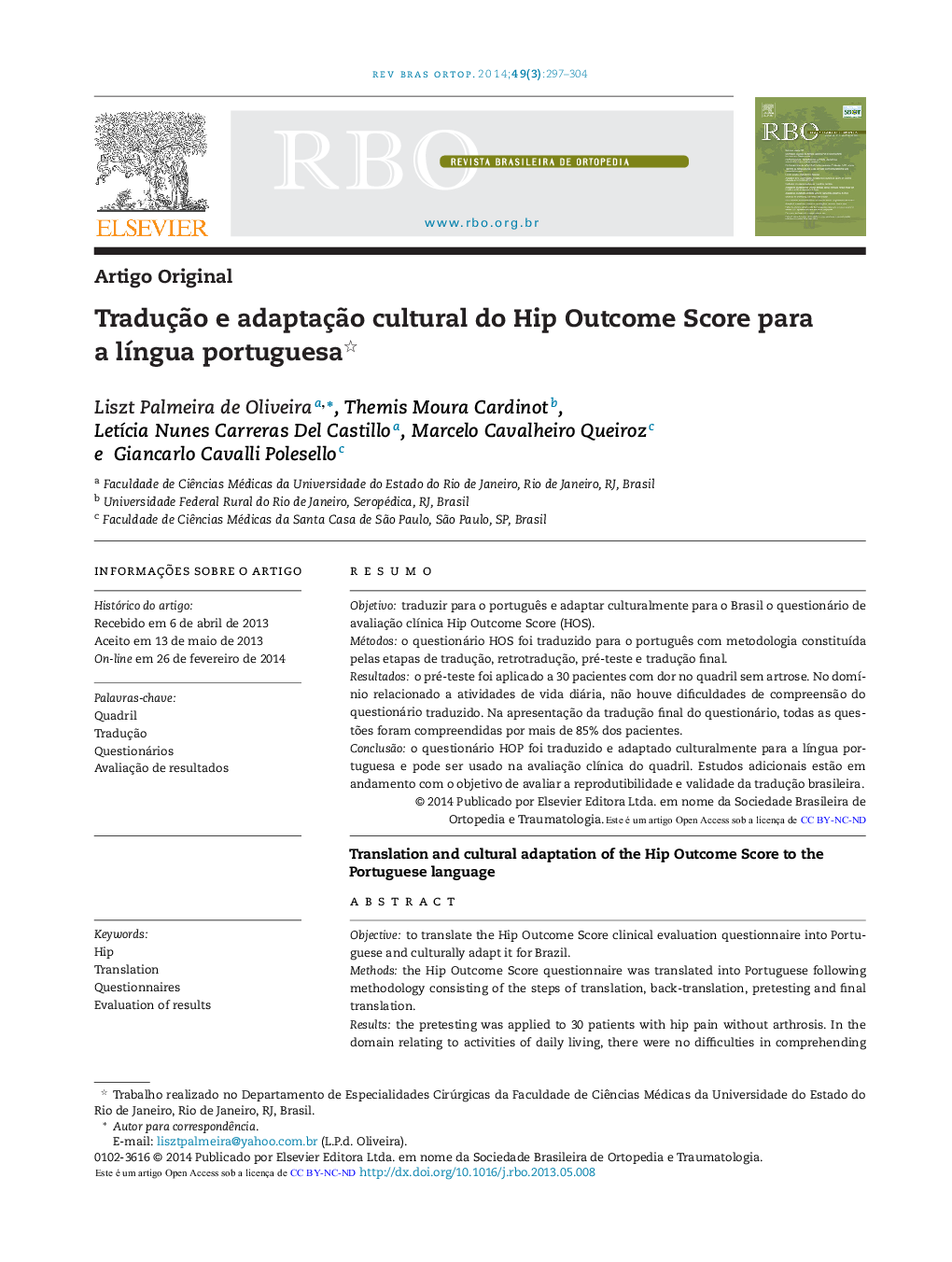 Tradução e adaptação cultural do Hip Outcome Score para a língua portuguesa 