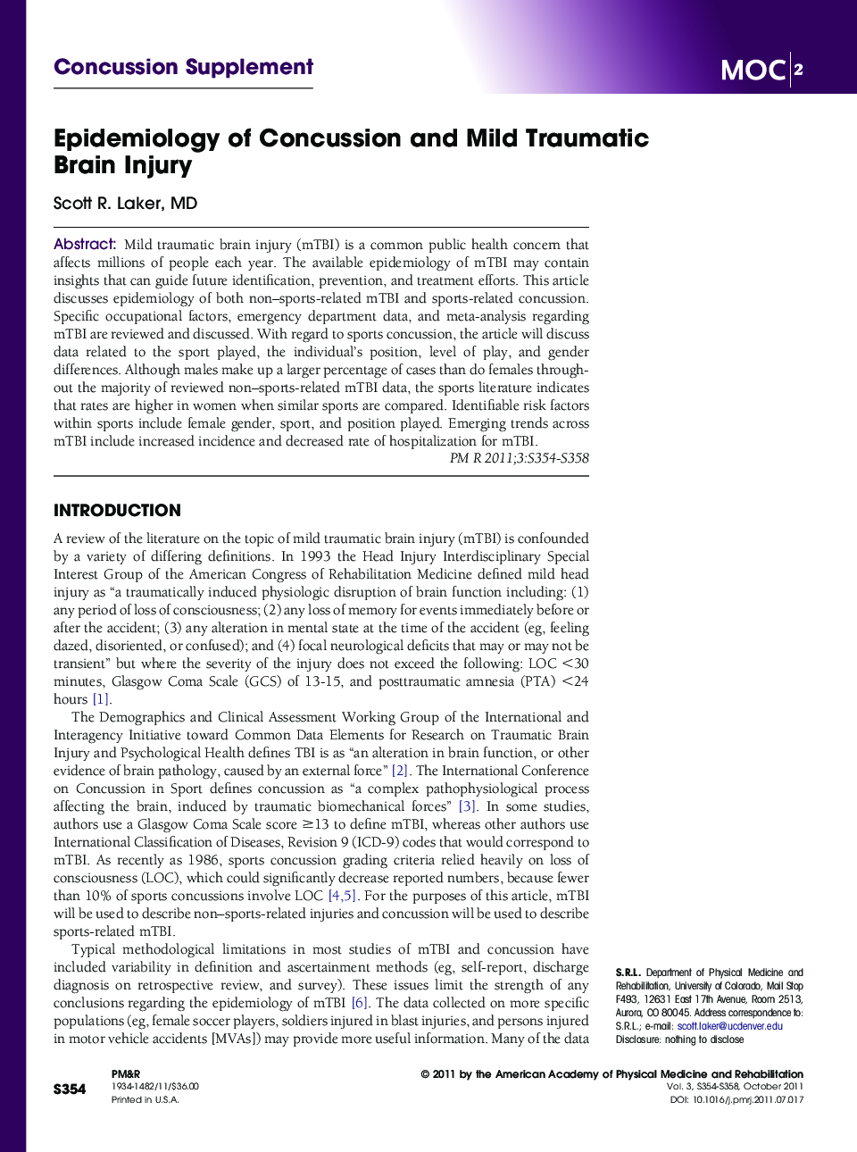 Epidemiology of Concussion and Mild Traumatic Brain Injury