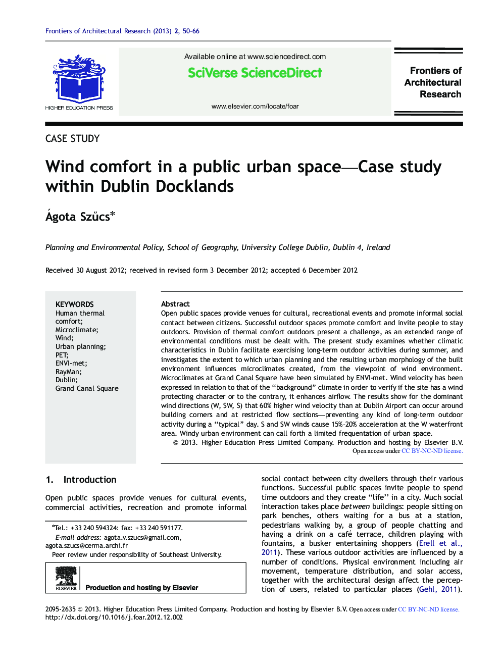 Wind comfort in a public urban space—Case study within Dublin Docklands 