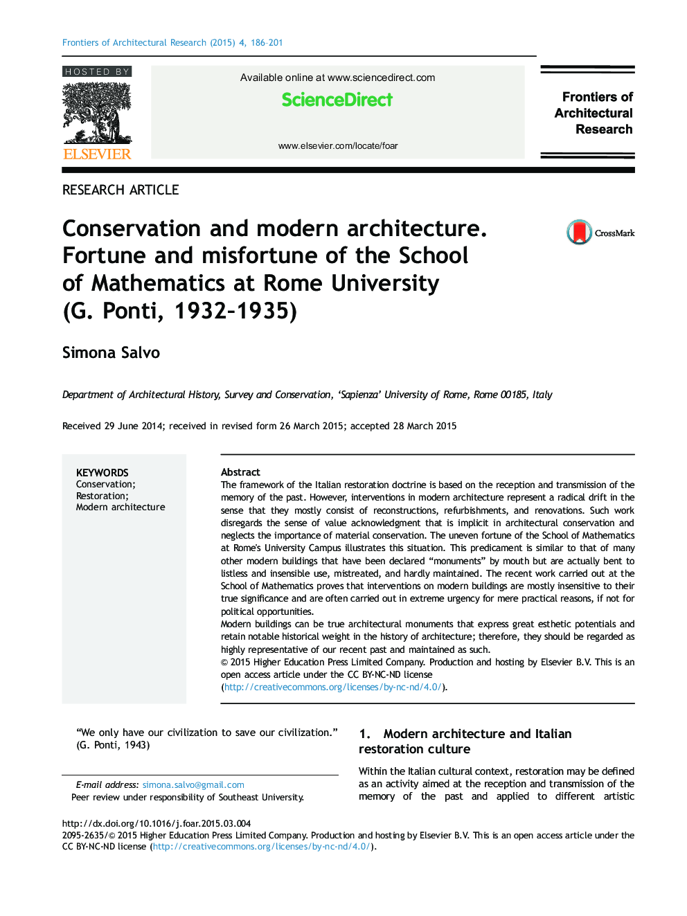 Conservation and modern architecture. Fortune and misfortune of the School of Mathematics at Rome University (G. Ponti, 1932–1935) 