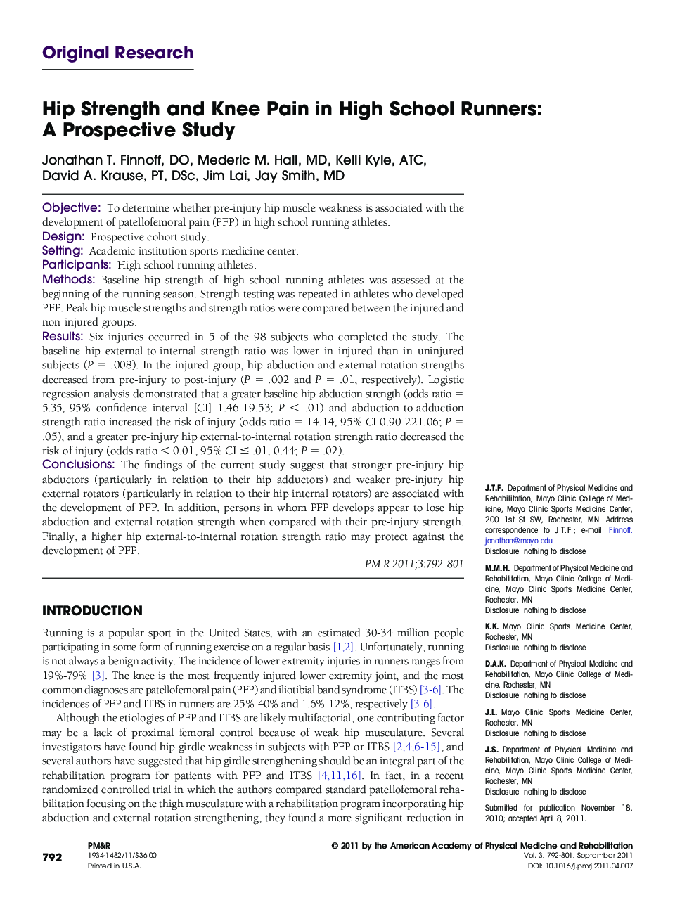 Hip Strength and Knee Pain in High School Runners: A Prospective Study