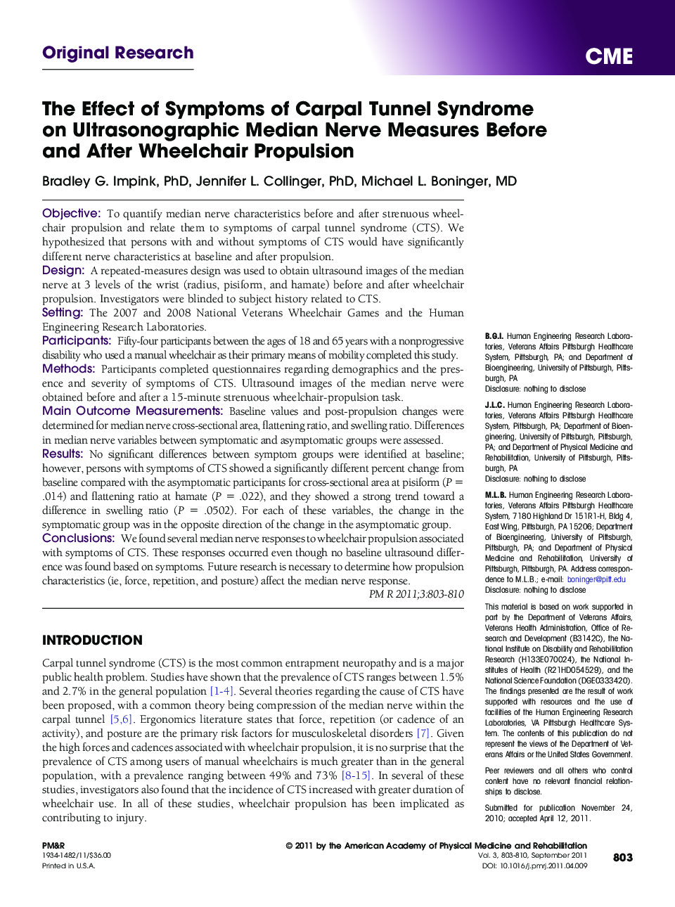 The Effect of Symptoms of Carpal Tunnel Syndrome on Ultrasonographic Median Nerve Measures Before and After Wheelchair Propulsion 