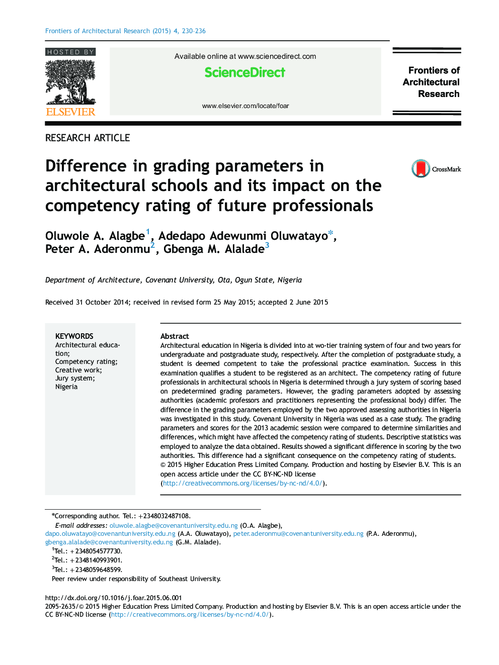 Difference in grading parameters in architectural schools and its impact on the competency rating of future professionals 