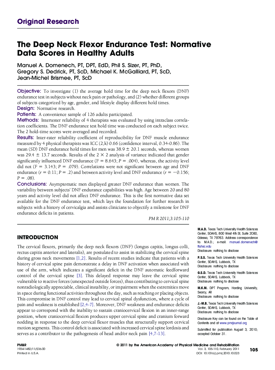 The Deep Neck Flexor Endurance Test: Normative Data Scores in Healthy Adults 