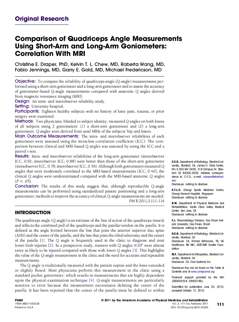 Comparison of Quadriceps Angle Measurements Using Short-Arm and Long-Arm Goniometers: Correlation With MRI 