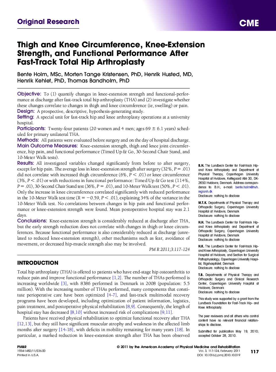 Thigh and Knee Circumference, Knee-Extension Strength, and Functional Performance After Fast-Track Total Hip Arthroplasty 