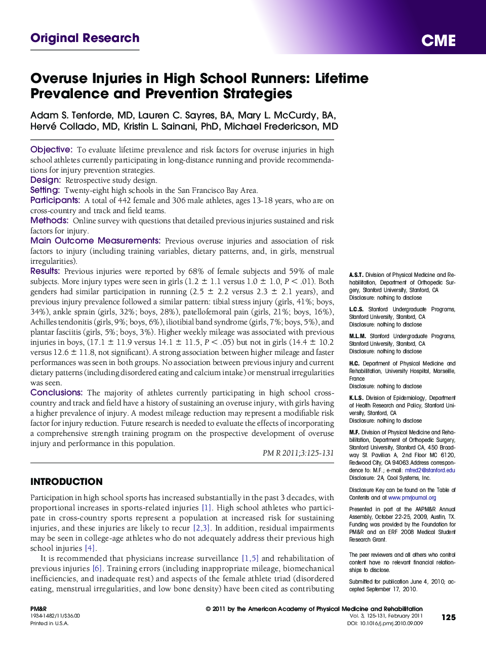 Overuse Injuries in High School Runners: Lifetime Prevalence and Prevention Strategies 