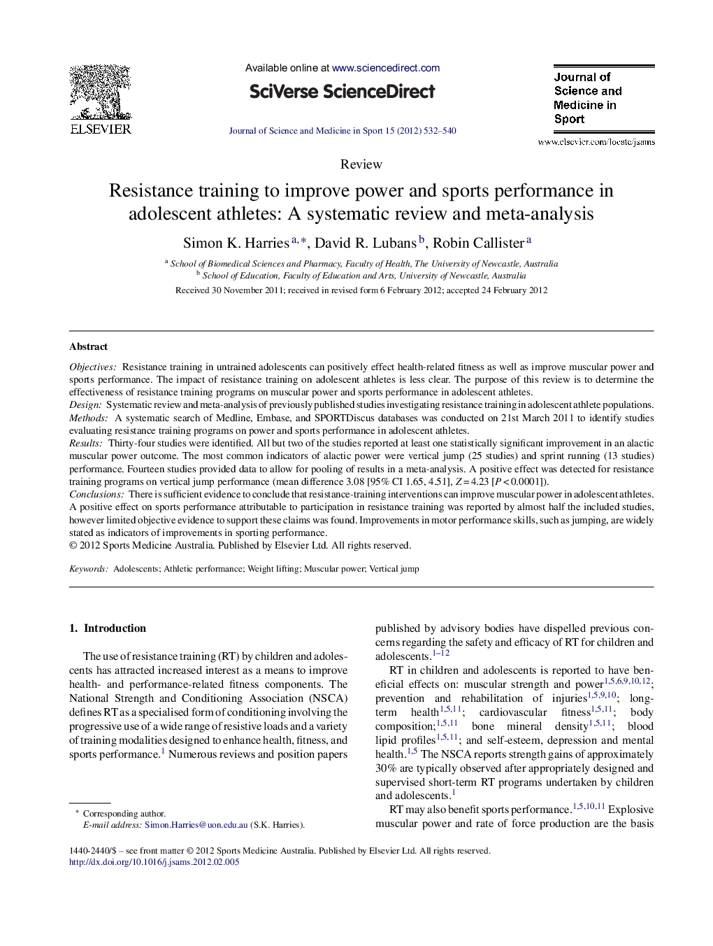 Resistance training to improve power and sports performance in adolescent athletes: A systematic review and meta-analysis