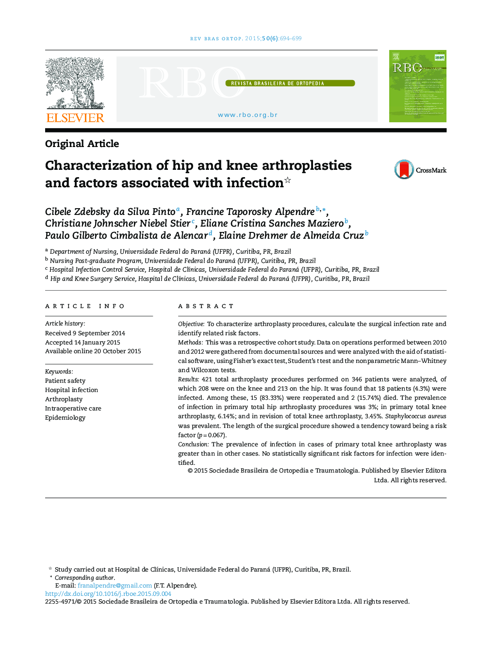 Characterization of hip and knee arthroplasties and factors associated with infection 