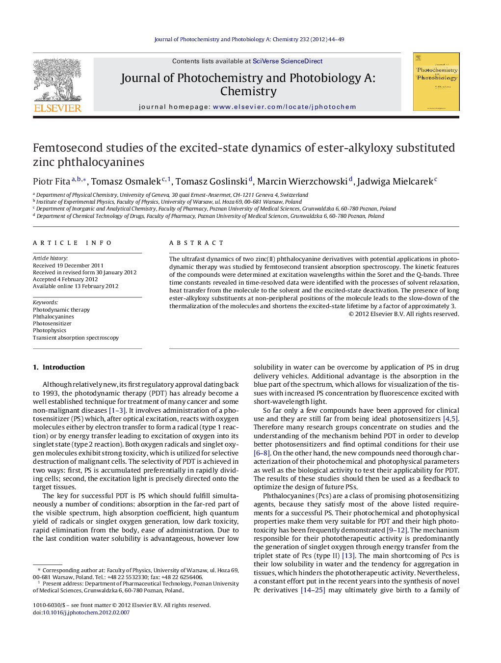 Femtosecond studies of the excited-state dynamics of ester-alkyloxy substituted zinc phthalocyanines