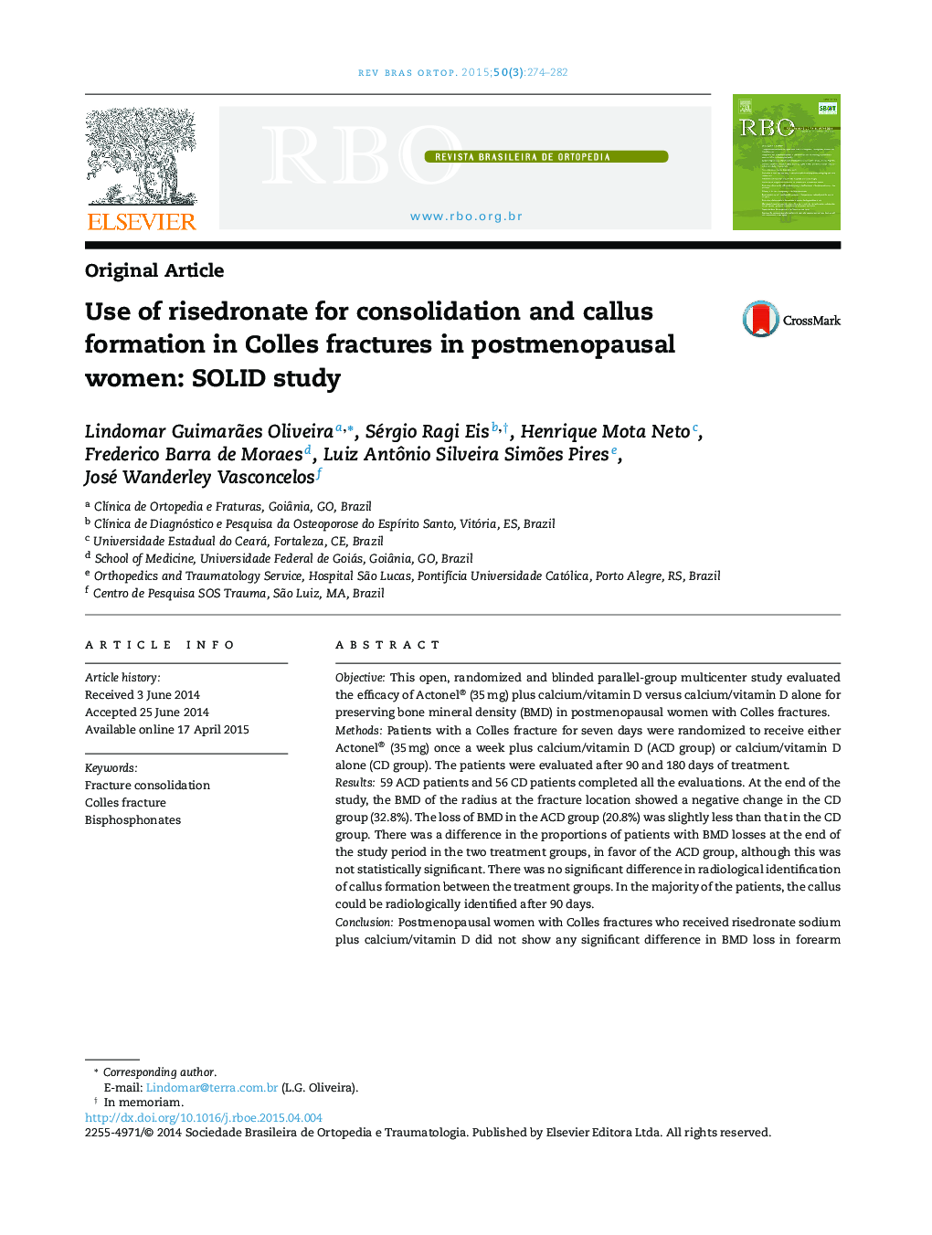 Use of risedronate for consolidation and callus formation in Colles fractures in postmenopausal women: SOLID study