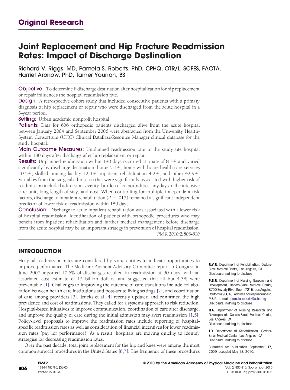 Joint Replacement and Hip Fracture Readmission Rates: Impact of Discharge Destination