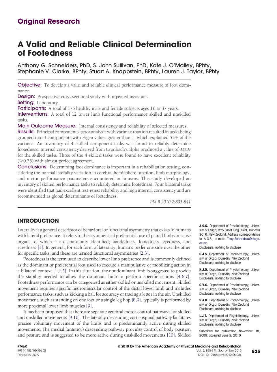 A Valid and Reliable Clinical Determination of Footedness