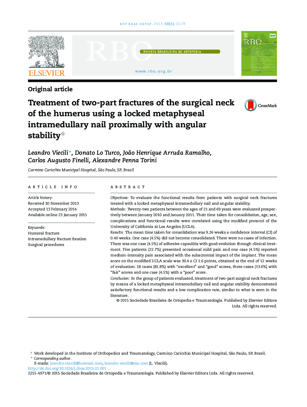 Treatment of two-part fractures of the surgical neck of the humerus using a locked metaphyseal intramedullary nail proximally with angular stability 