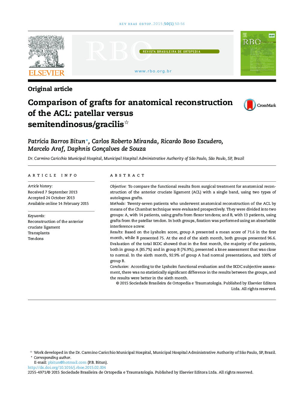 Comparison of grafts for anatomical reconstruction of the ACL: patellar versus semitendinosus/gracilis 