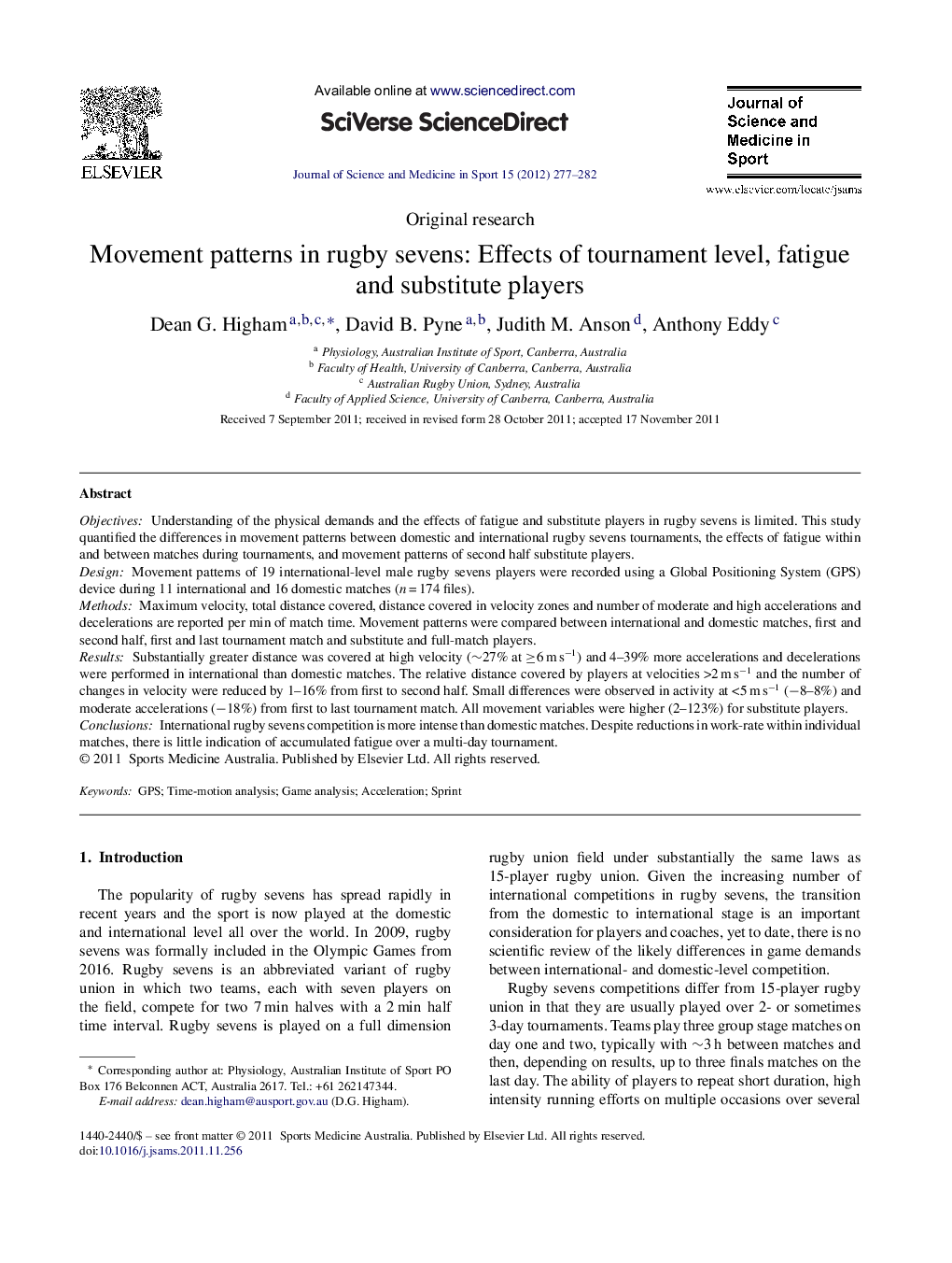 عکس صفحه اول مقاله: Movement patterns in rugby sevens: Effects of tournament level, fatigue and substitute players Movement patterns in rugby sevens: Effects of tournament level, fatigue and substitute players