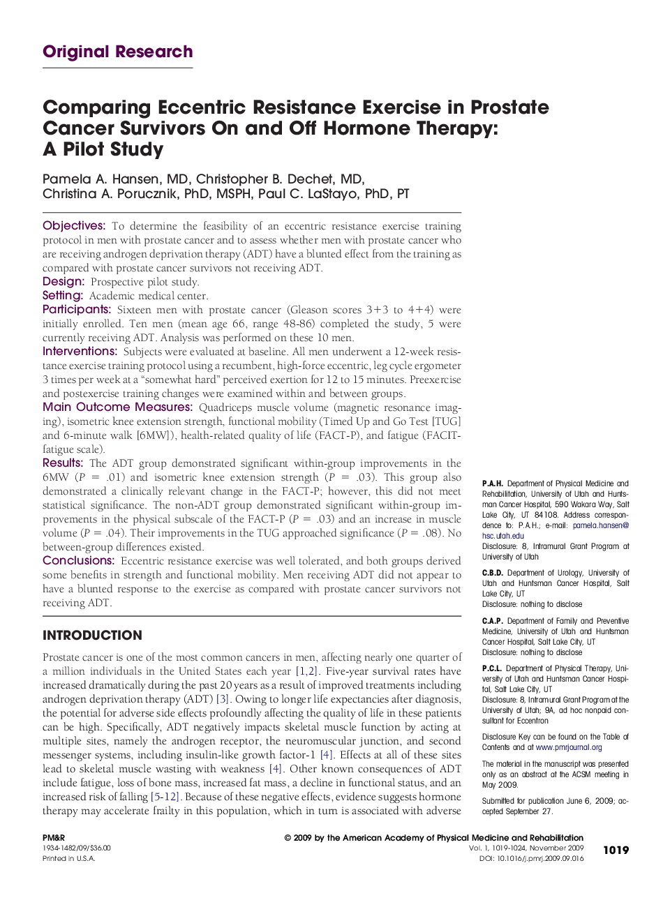 Comparing Eccentric Resistance Exercise in Prostate Cancer Survivors On and Off Hormone Therapy: A Pilot Study 