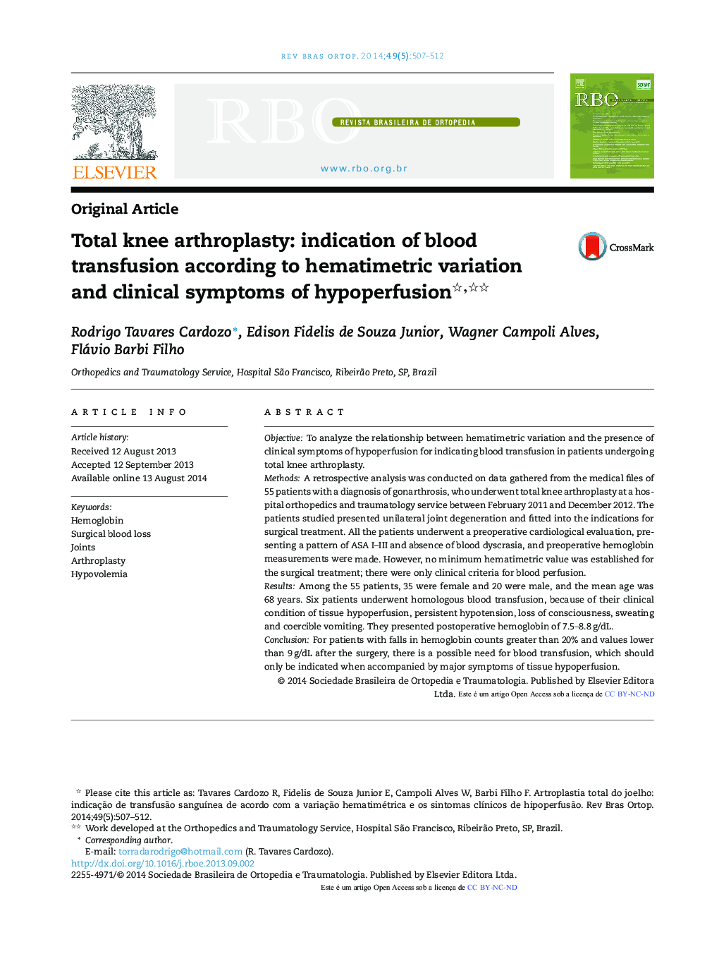 Total knee arthroplasty: indication of blood transfusion according to hematimetric variation and clinical symptoms of hypoperfusion 