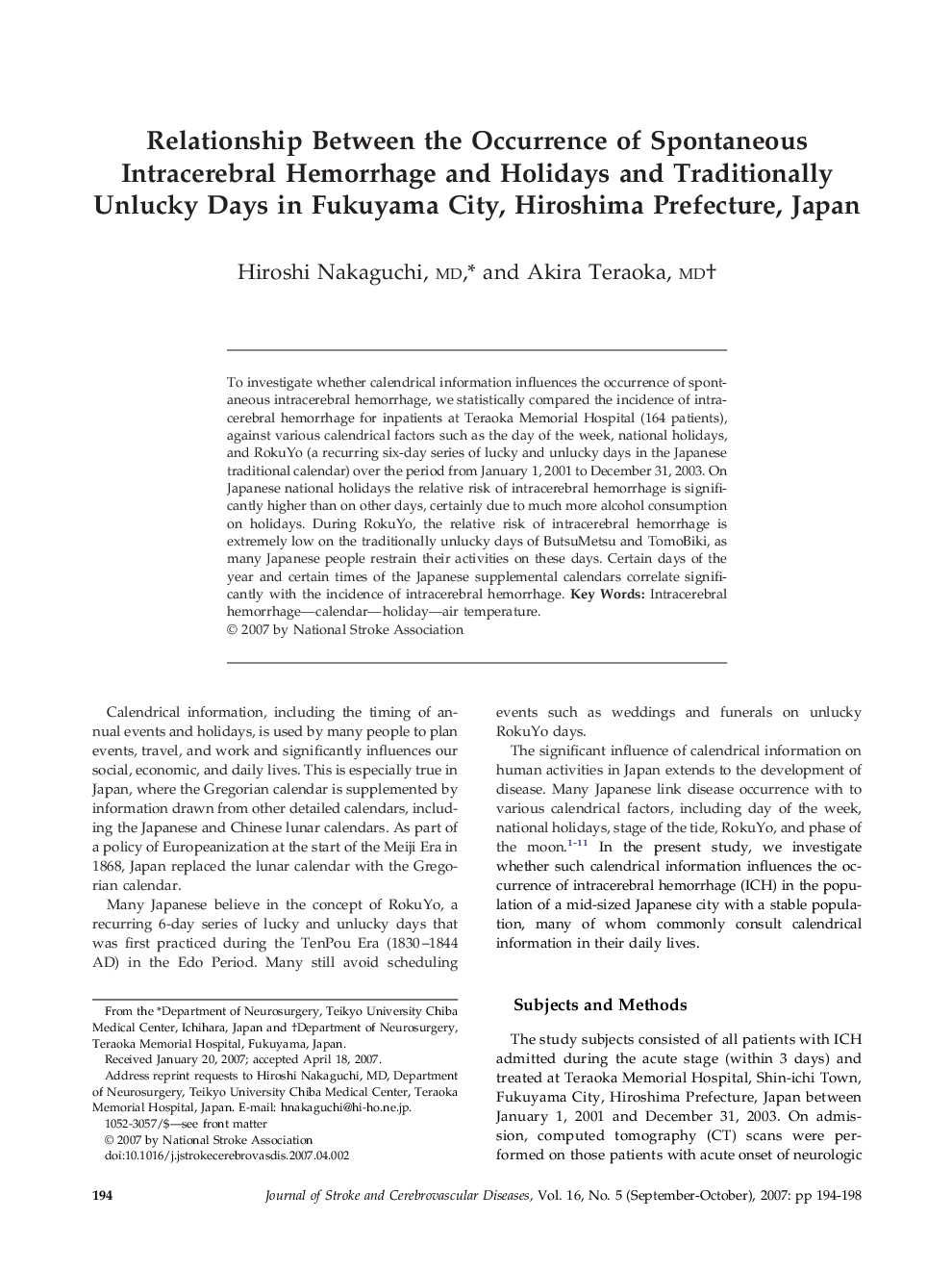 Relationship Between the Occurrence of Spontaneous Intracerebral Hemorrhage and Holidays and Traditionally Unlucky Days in Fukuyama City, Hiroshima Prefecture, Japan