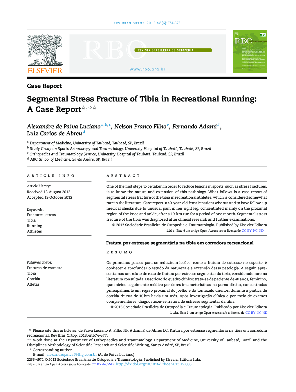 عکس صفحه اول مقاله: Segmental Stress Fracture of Tibia in Recreational Running: A Case Report Segmental Stress Fracture of Tibia in Recreational Running: A Case Report