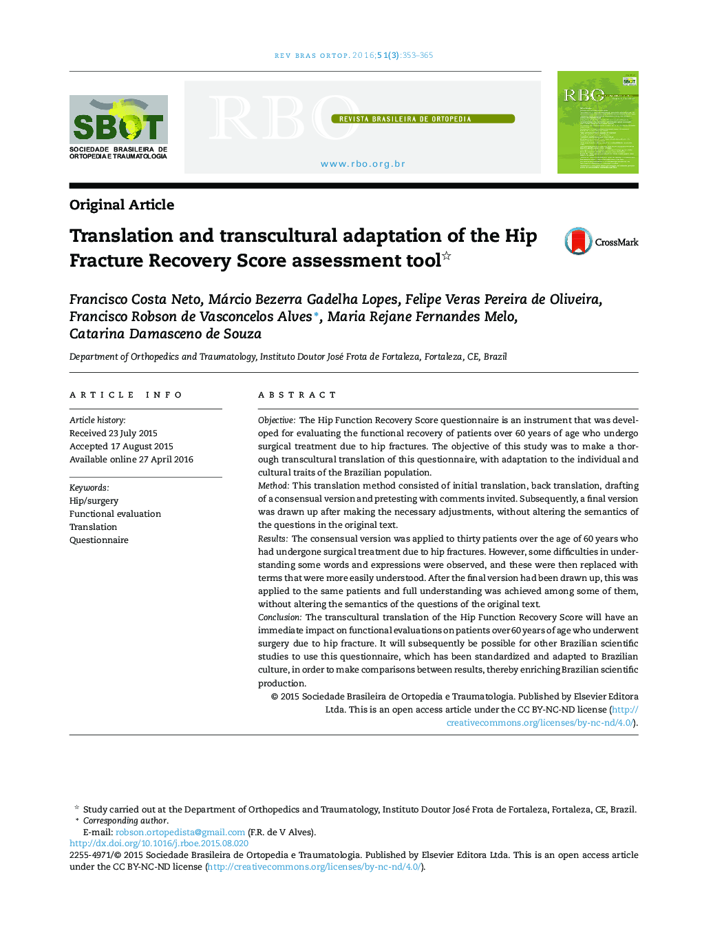 Translation and transcultural adaptation of the Hip Fracture Recovery Score assessment tool 