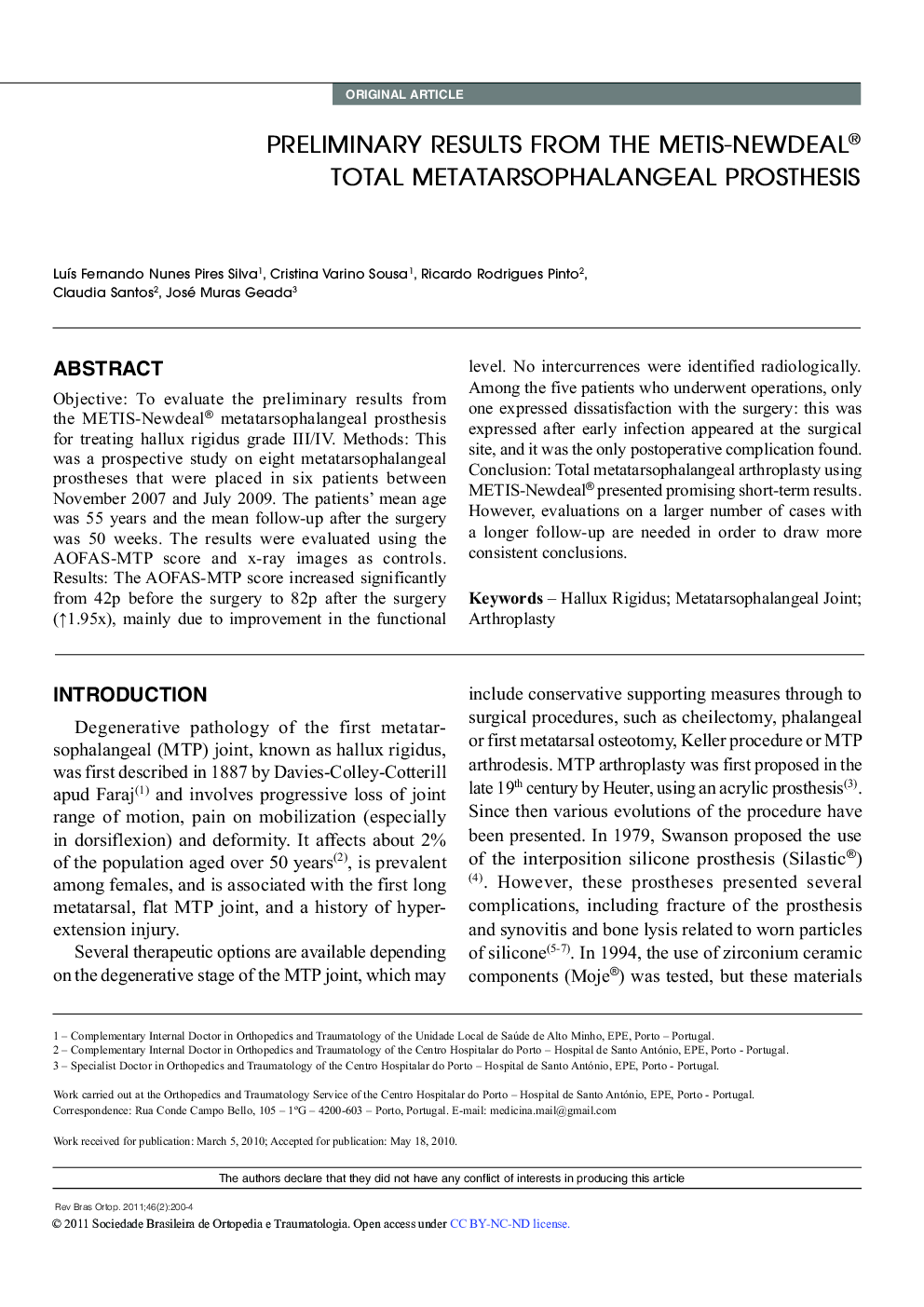 PRELIMINARY RESULTS FROM THE METIS-NEWDEAL® TOTAL METATARSOPHALANGEAL PROSTHESIS 