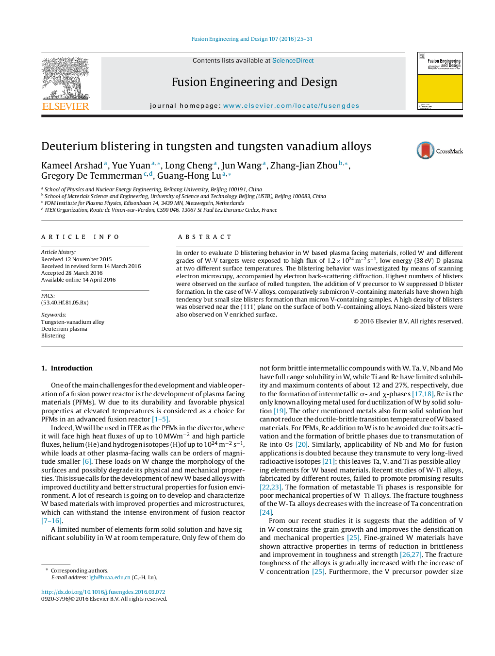 Deuterium blistering in tungsten and tungsten vanadium alloys