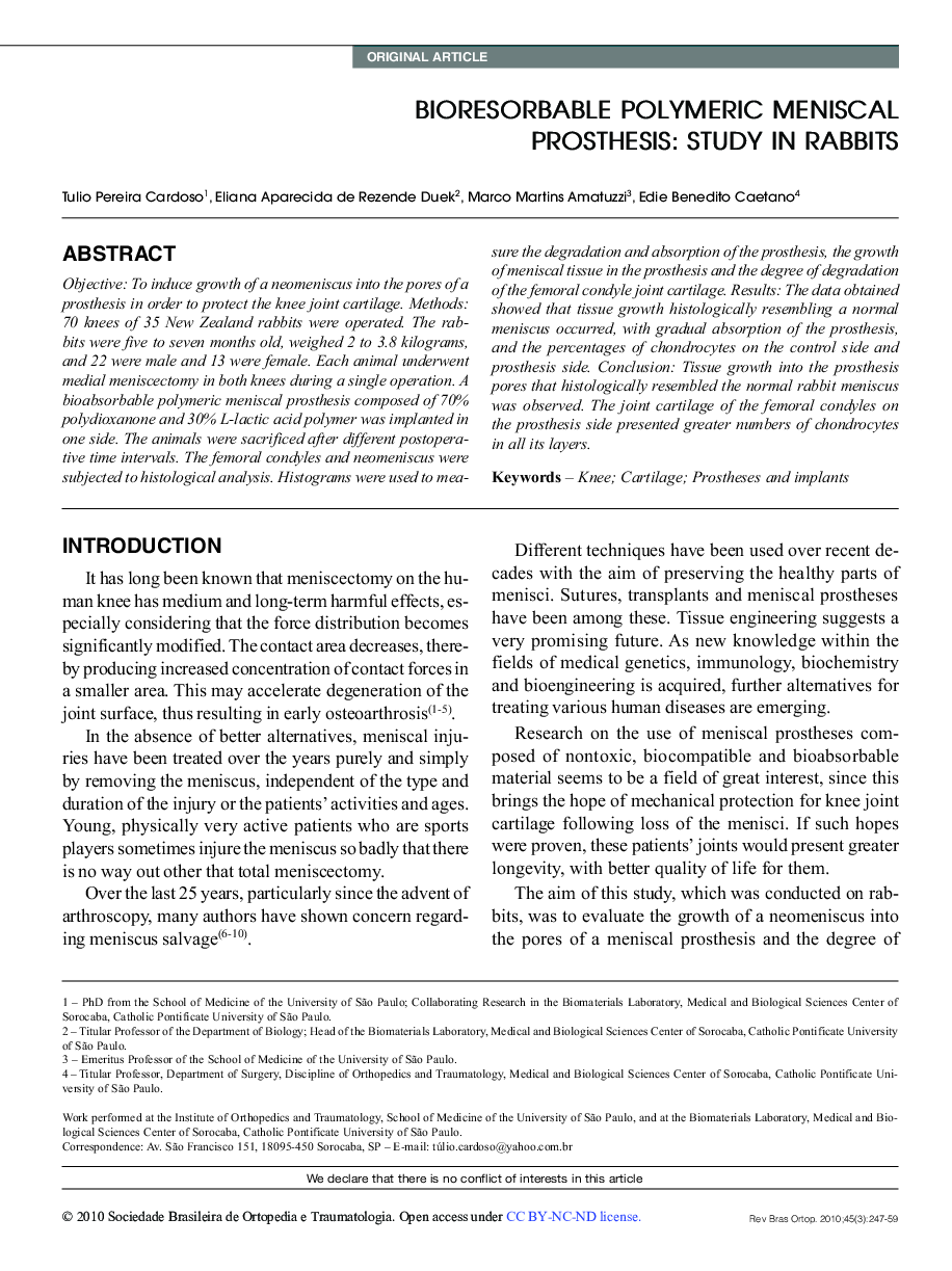 BIORESORBABLE POLYMERIC MENISCAL PROSTHESIS: STUDY IN RABBITS 