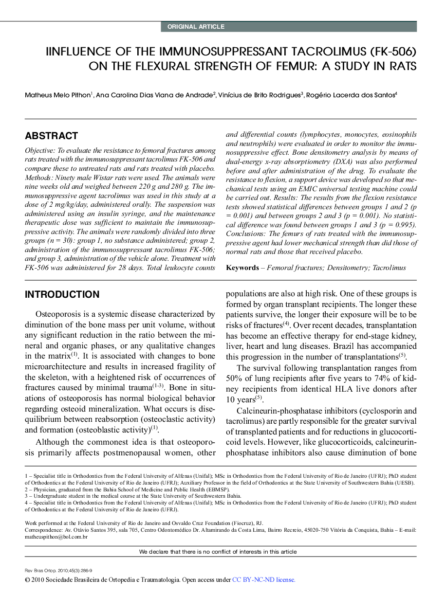 IINFLUENCE OF THE IMMUNOSUPPRESSANT TACROLIMUS (FK-506) ON THE FLEXURAL STRENGTH OF FEMUR: A STUDY IN RATS 