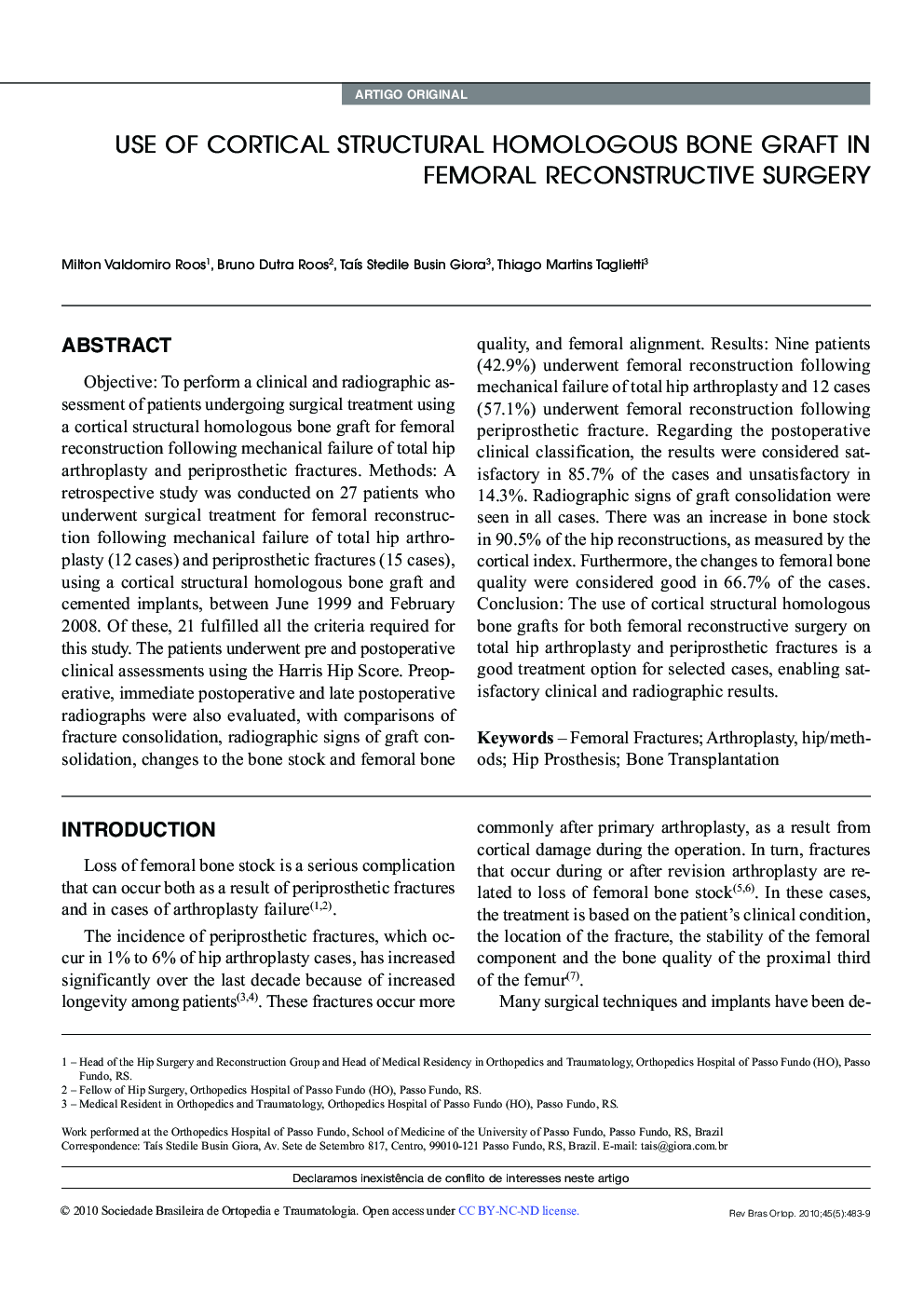 USE OF CORTICAL STRUCTURAL HOMOLOGOUS BONE GRAFT IN FEMORAL RECONSTRUCTIVE SURGERY 